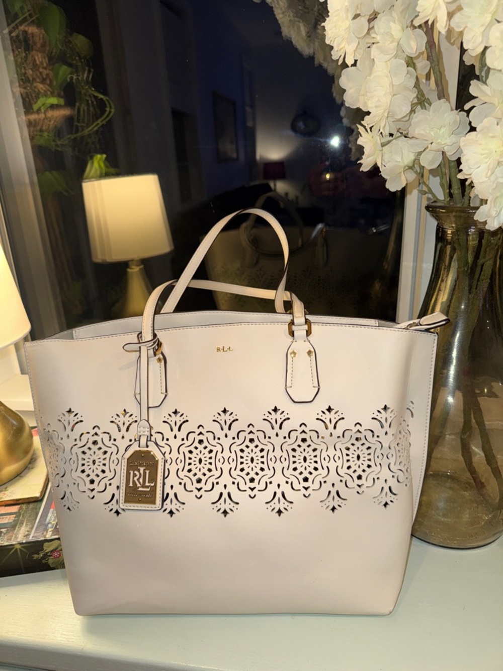 LAUREN RALPH LAUREN WHITE LASER CUT TOTE PURSE